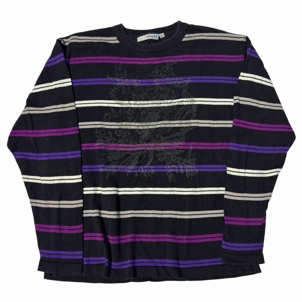 Vintage Adolfo Sweater Mens Large Striped Black Knit Y2K 90s Hip Hop